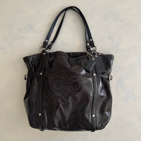 Coach Audrey Navy Blue Patent Leather Metallic Tote Purse - Picture 1 of 8